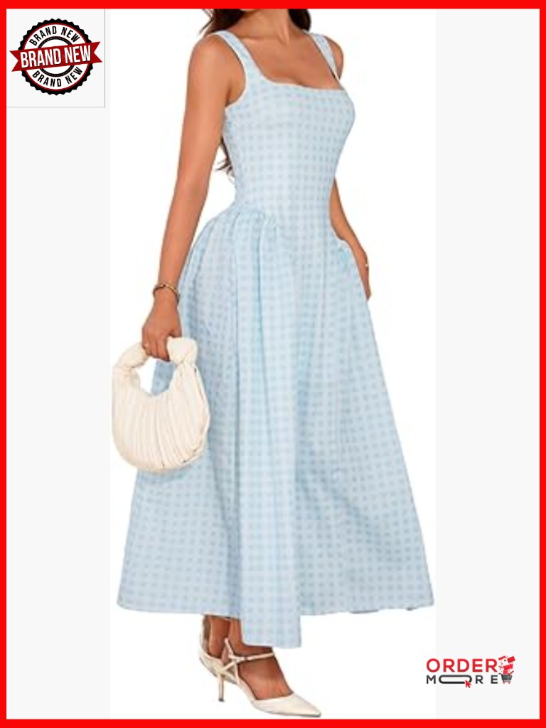 Pastel Plaid Square Neck Maxi Dress A-Line Drop Waist Sleeveless Semi Formal